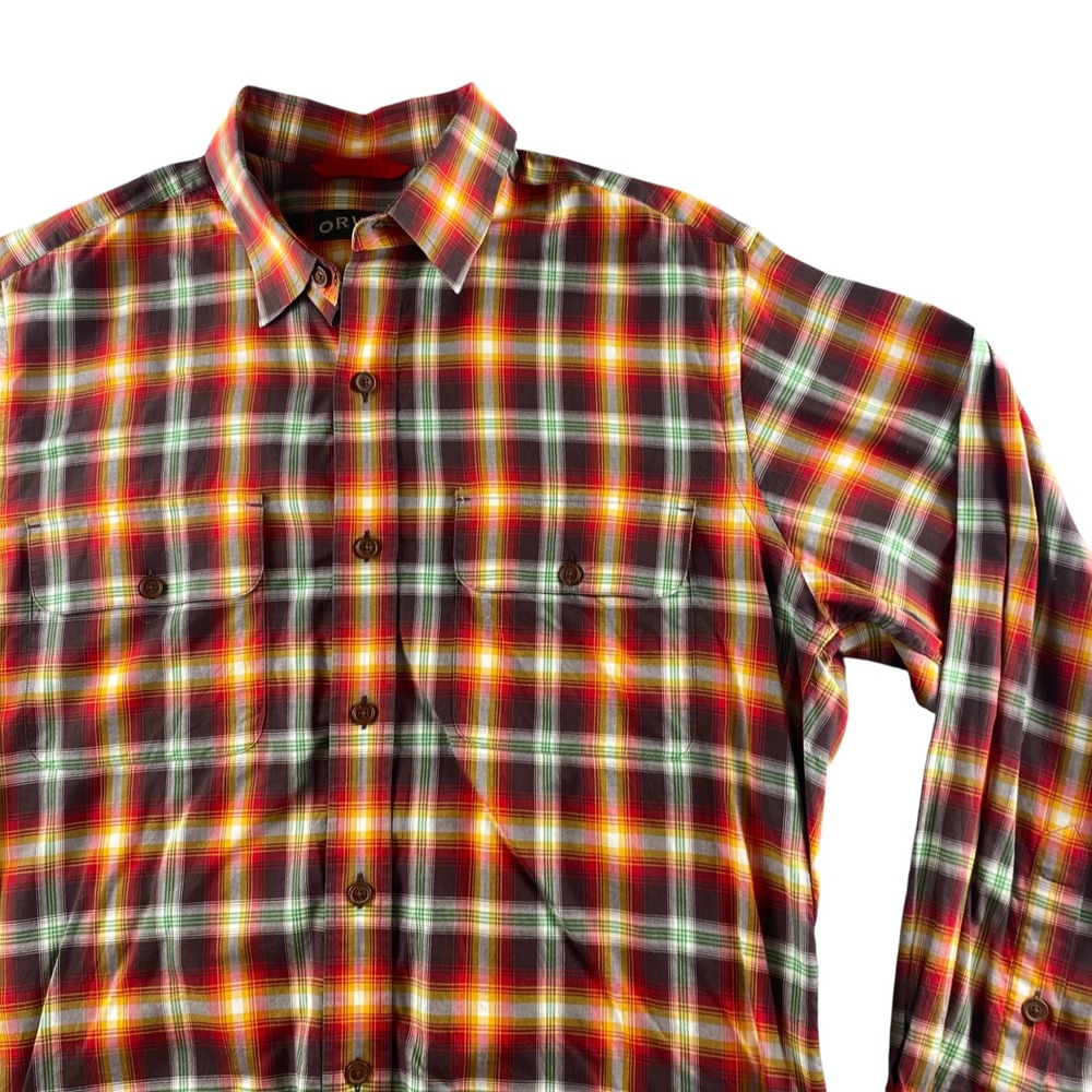 Orvis Mens Medium Plaid Button Down Shirt Long Sleeve Red Yellow Green Outdoor